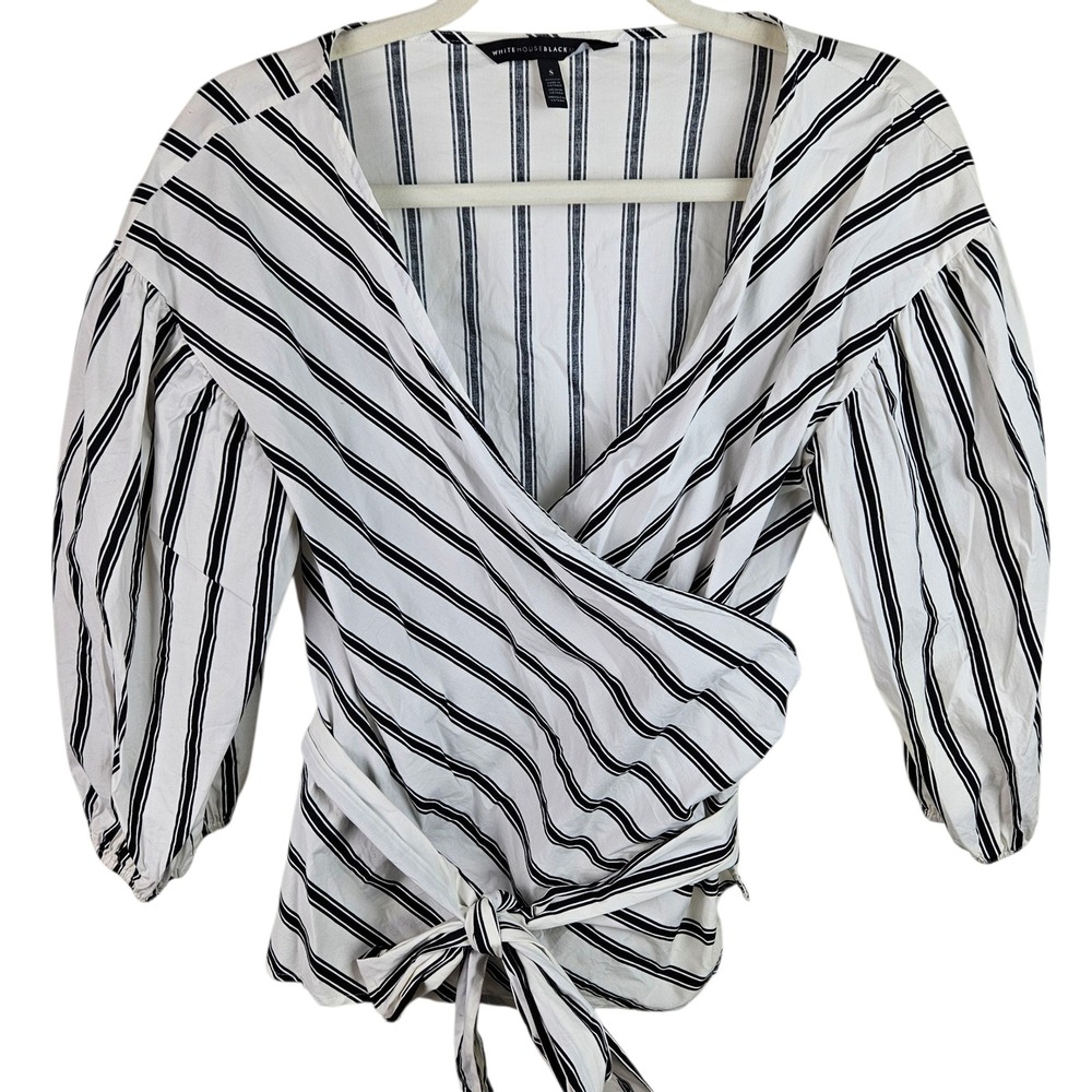 White House Black Market Striped Wrap Blouse Tie Waist Puff Sleeve Top S
